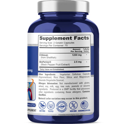 Chitosan 1200Mg, 150 Capsules - Non-Gmo, Soy Free, Dietary Supplement for Unisex Adult Health & Wellness