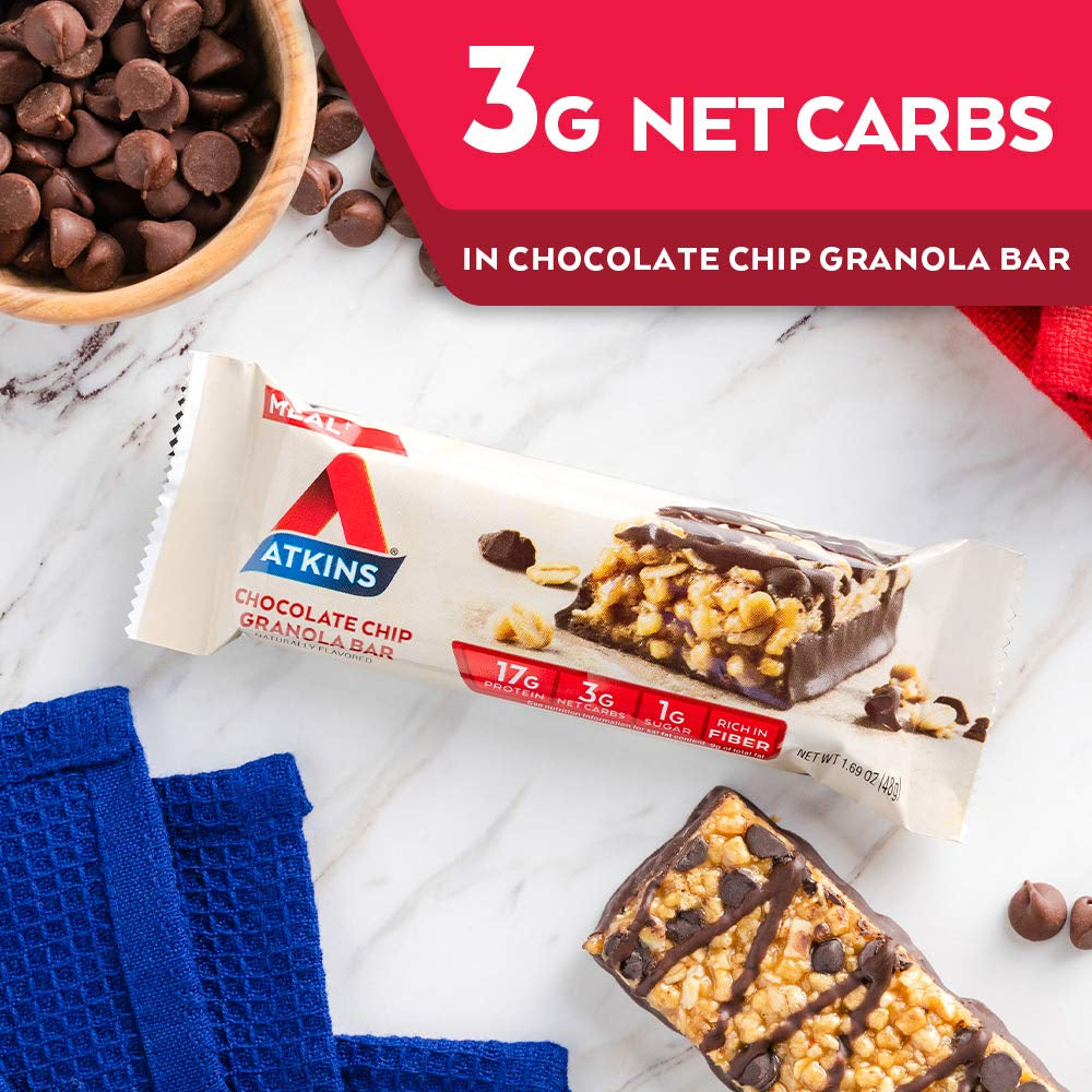 Atkins Chocolate Chip Granola Protein Meal Bar, High Fiber, 17G Protein, 1G Sugar, 3G Net Carbs, Meal Replacement, Keto Friendly, 5 Count