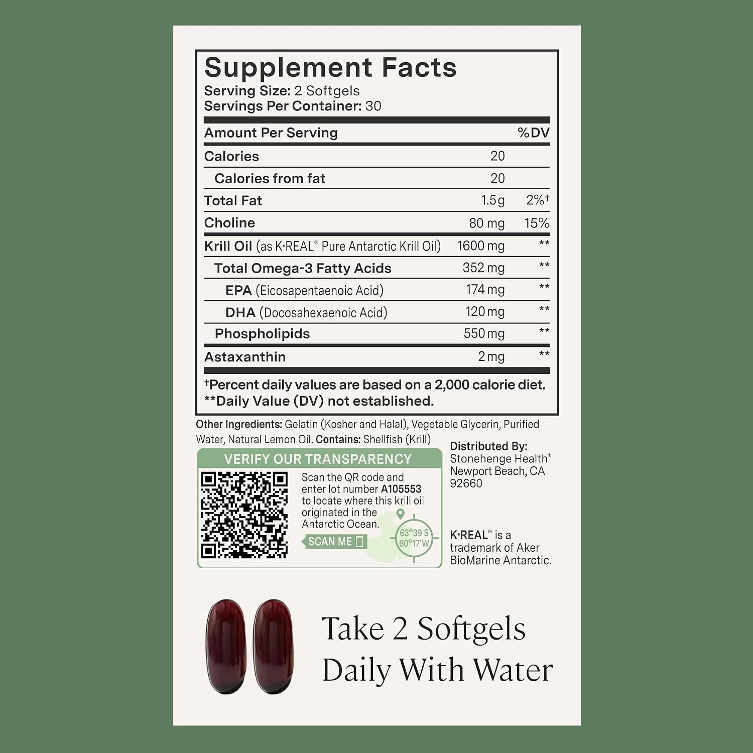 Dynamic Krill Oil 1600mg – Premium Antarctic Omega-3 Supplement with EPA, DHA, Phospholipids & 2mg Astaxanthin – Promotes Heart, Brain, Skin, Joint, and Eye Health – 60 Softgels