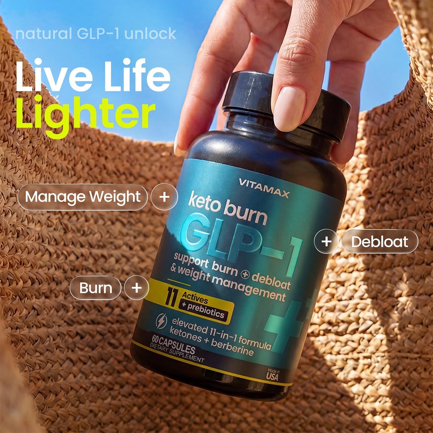 GLP-1 Support Supplement – BHB Ketones, ACV, Berberine & Prebiotics for Appetite & Cravings, 60 Count