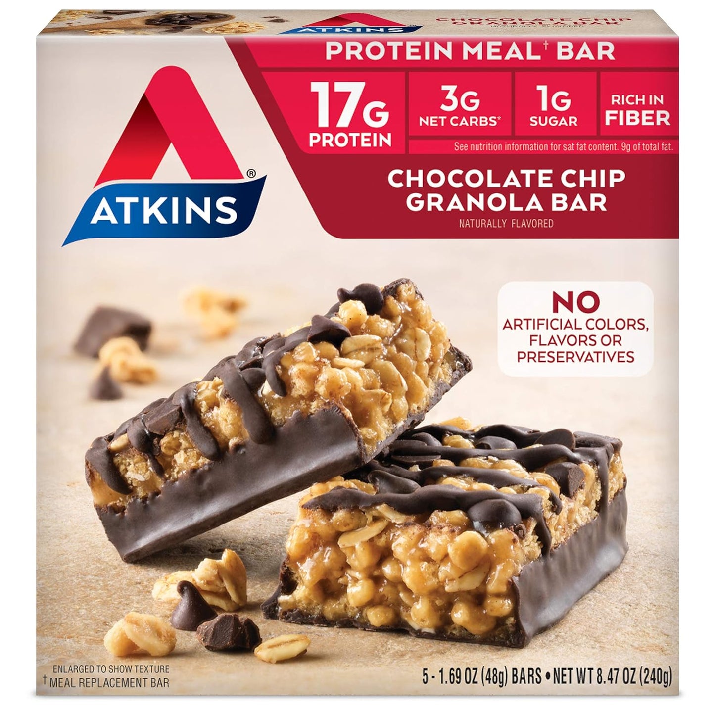Atkins Chocolate Chip Granola Protein Meal Bar, High Fiber, 17G Protein, 1G Sugar, 3G Net Carbs, Meal Replacement, Keto Friendly, 5 Count