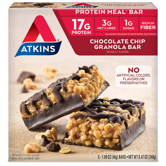 Atkins Chocolate Chip Granola Protein Meal Bar, High Fiber, 17G Protein, 1G Sugar, 3G Net Carbs, Meal Replacement, Keto Friendly, 5 Count