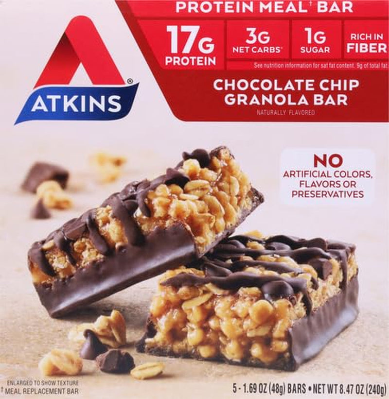 Atkins Chocolate Chip Granola Protein Meal Bar, High Fiber, 17G Protein, 1G Sugar, 3G Net Carbs, Meal Replacement, Keto Friendly, 5 Count