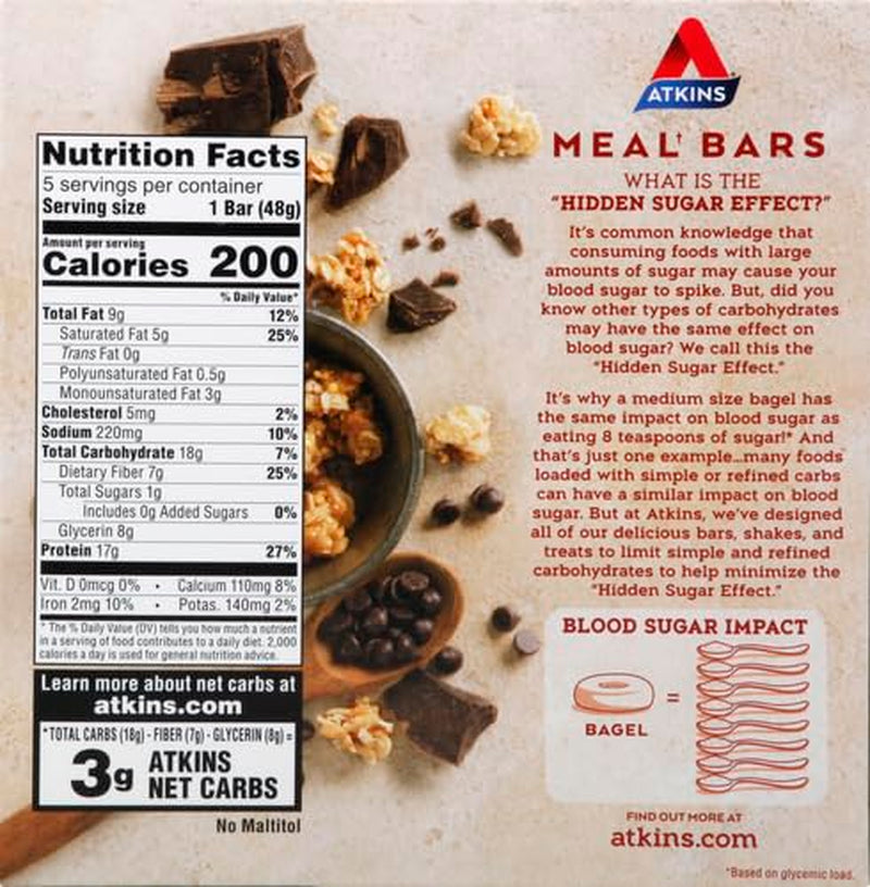 Atkins Chocolate Chip Granola Protein Meal Bar, High Fiber, 17G Protein, 1G Sugar, 3G Net Carbs, Meal Replacement, Keto Friendly, 5 Count
