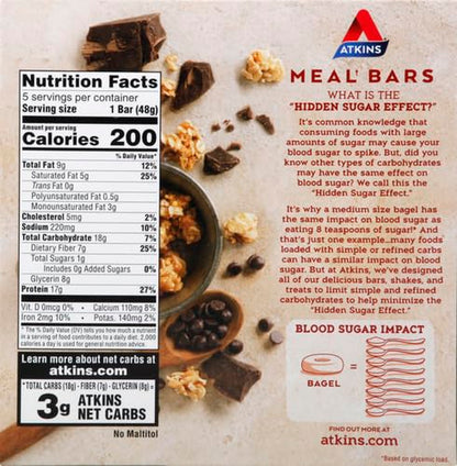 Atkins Chocolate Chip Granola Protein Meal Bar, High Fiber, 17G Protein, 1G Sugar, 3G Net Carbs, Meal Replacement, Keto Friendly, 5 Count