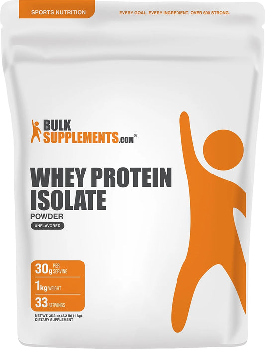 Bulksupplements Whey Protein Isolate Powder - 90%, Whey Protein Supplement, with Bcaas - Unflavored, 1Kg (2.2 Lbs)