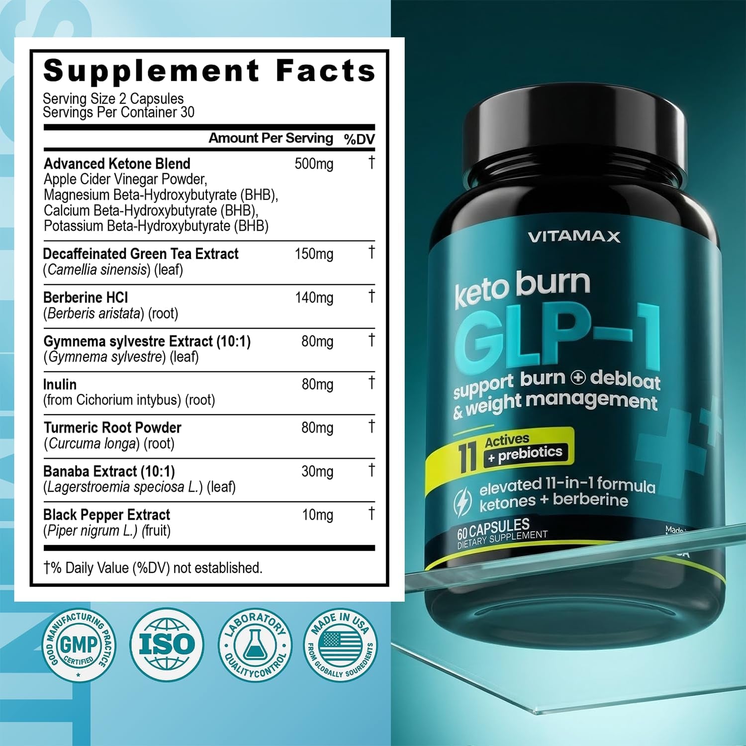 GLP-1 Support Supplement – BHB Ketones, ACV, Berberine & Prebiotics for Appetite & Cravings, 60 Count
