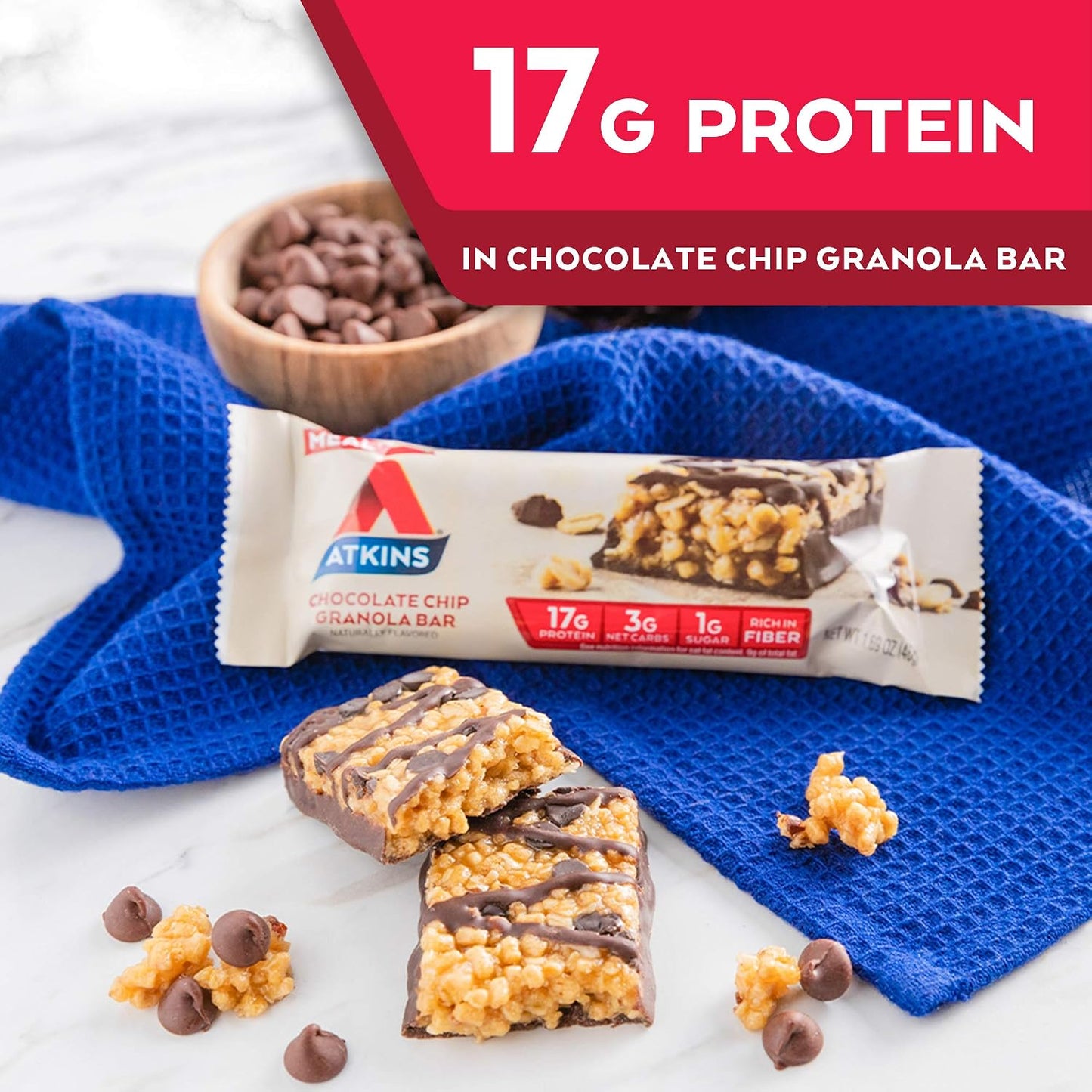 Atkins Chocolate Chip Granola Protein Meal Bar, High Fiber, 17G Protein, 1G Sugar, 3G Net Carbs, Meal Replacement, Keto Friendly, 5 Count