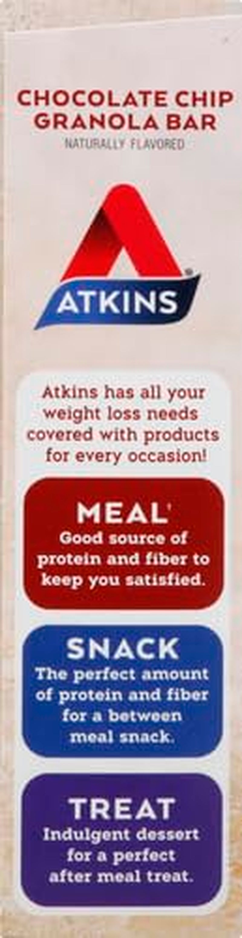 Atkins Chocolate Chip Granola Protein Meal Bar, High Fiber, 17G Protein, 1G Sugar, 3G Net Carbs, Meal Replacement, Keto Friendly, 5 Count