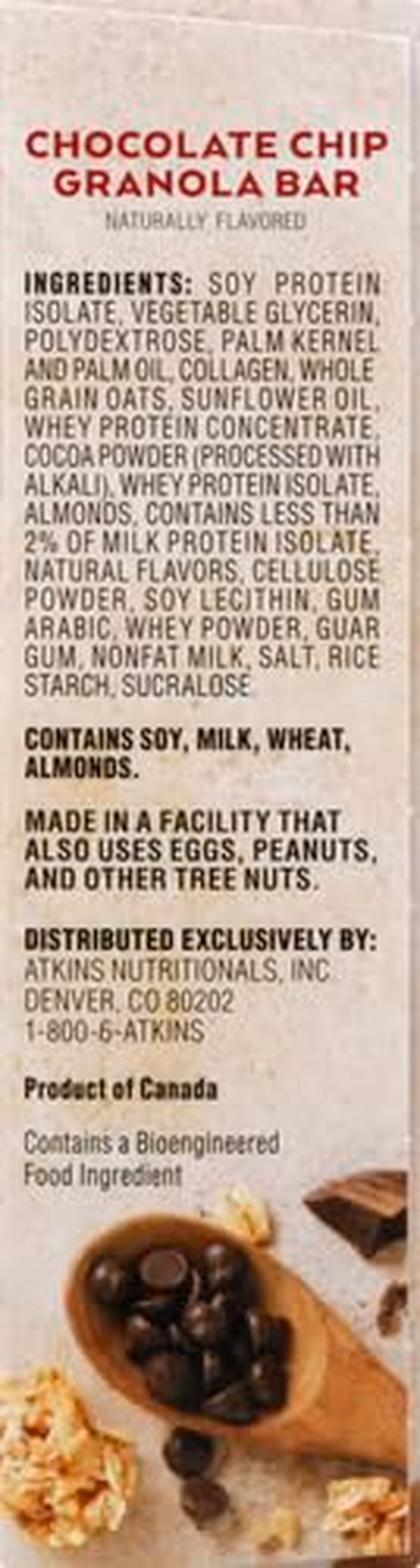 Atkins Chocolate Chip Granola Protein Meal Bar, High Fiber, 17G Protein, 1G Sugar, 3G Net Carbs, Meal Replacement, Keto Friendly, 5 Count
