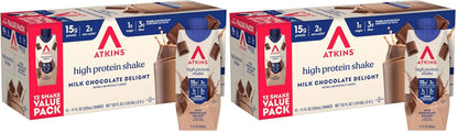 Atkins Milk Chocolate Delight Protein Shake - 15g Protein, Low Glycemic, 2g Net Carbs, 1g Sugar, Keto Friendly, 12 Count (Pack of 2)