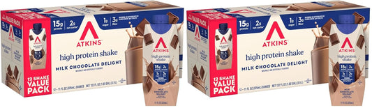 Atkins Milk Chocolate Delight Protein Shake - 15g Protein, Low Glycemic, 2g Net Carbs, 1g Sugar, Keto Friendly, 12 Count (Pack of 2)