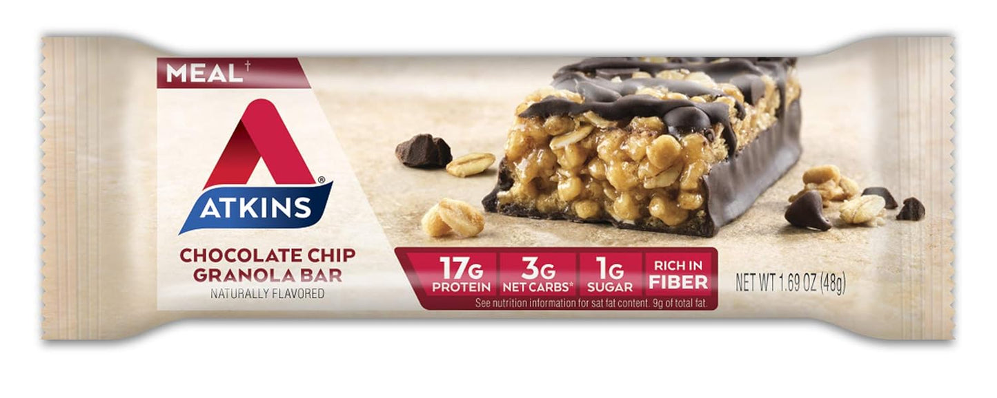 Atkins Chocolate Chip Granola Protein Meal Bar, High Fiber, 17G Protein, 1G Sugar, 3G Net Carbs, Meal Replacement, Keto Friendly, 5 Count