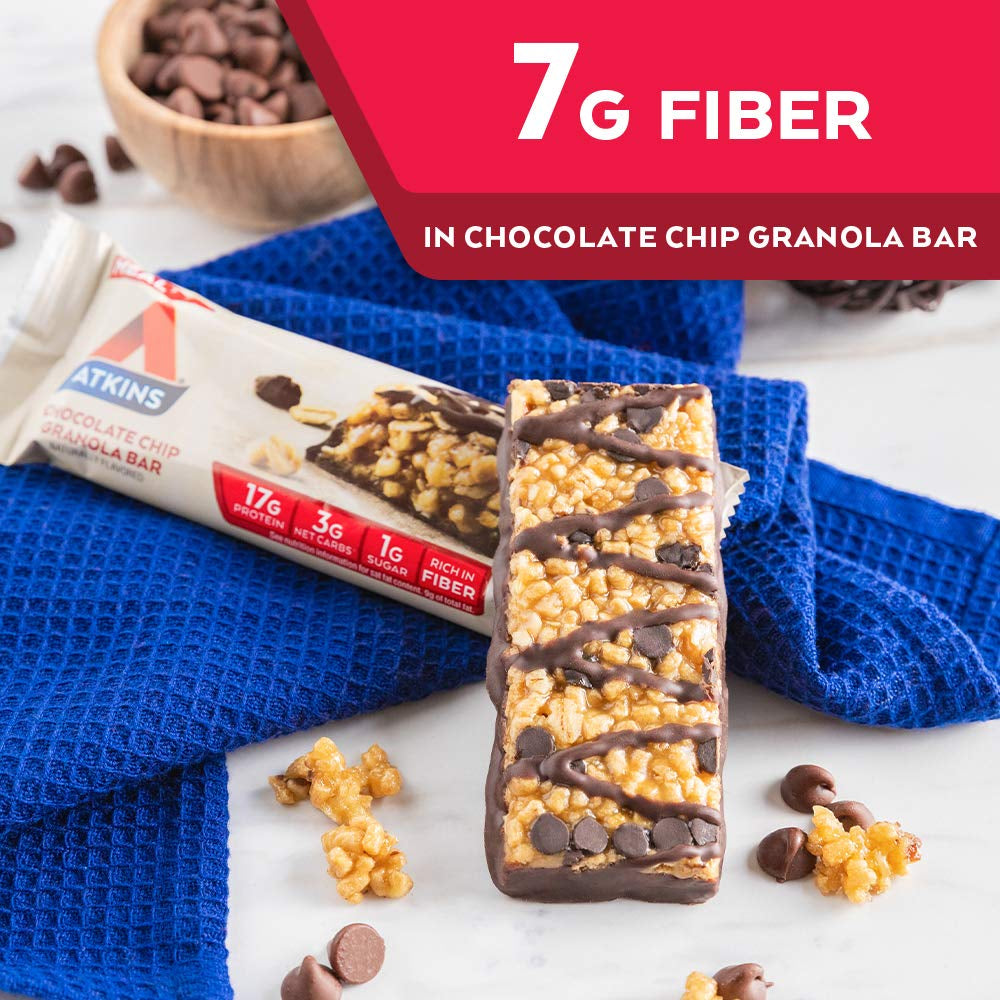 Atkins Chocolate Chip Granola Protein Meal Bar, High Fiber, 17G Protein, 1G Sugar, 3G Net Carbs, Meal Replacement, Keto Friendly, 5 Count